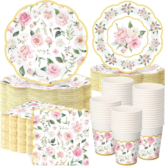 Funnymoom 250 Pcs Floral Party Decorations Flower Paper Plates Napkins and Cups Pink and Gold Floral Disposable Tableware Set for Bridal Shower Baby Shower Wedding Spring Tea Party Supplies, Serves 50