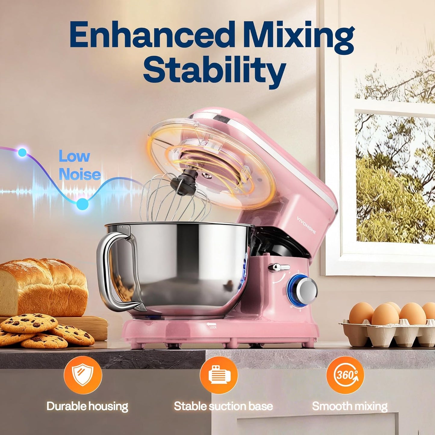VIVOHOME Stand Mixer, 660W 10 Speed 6 Quart Tilt-Head Kitchen Electric Food Mixer with Beater, Dough Hook, Wire Whip and Egg Separator, Pink