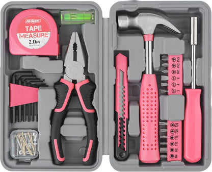 Hi-Spec Tool Set 25pc Pink Household DIY Tool Kit for Women. Small Mini Tool Box Set of Starter Basic Ladies Tools