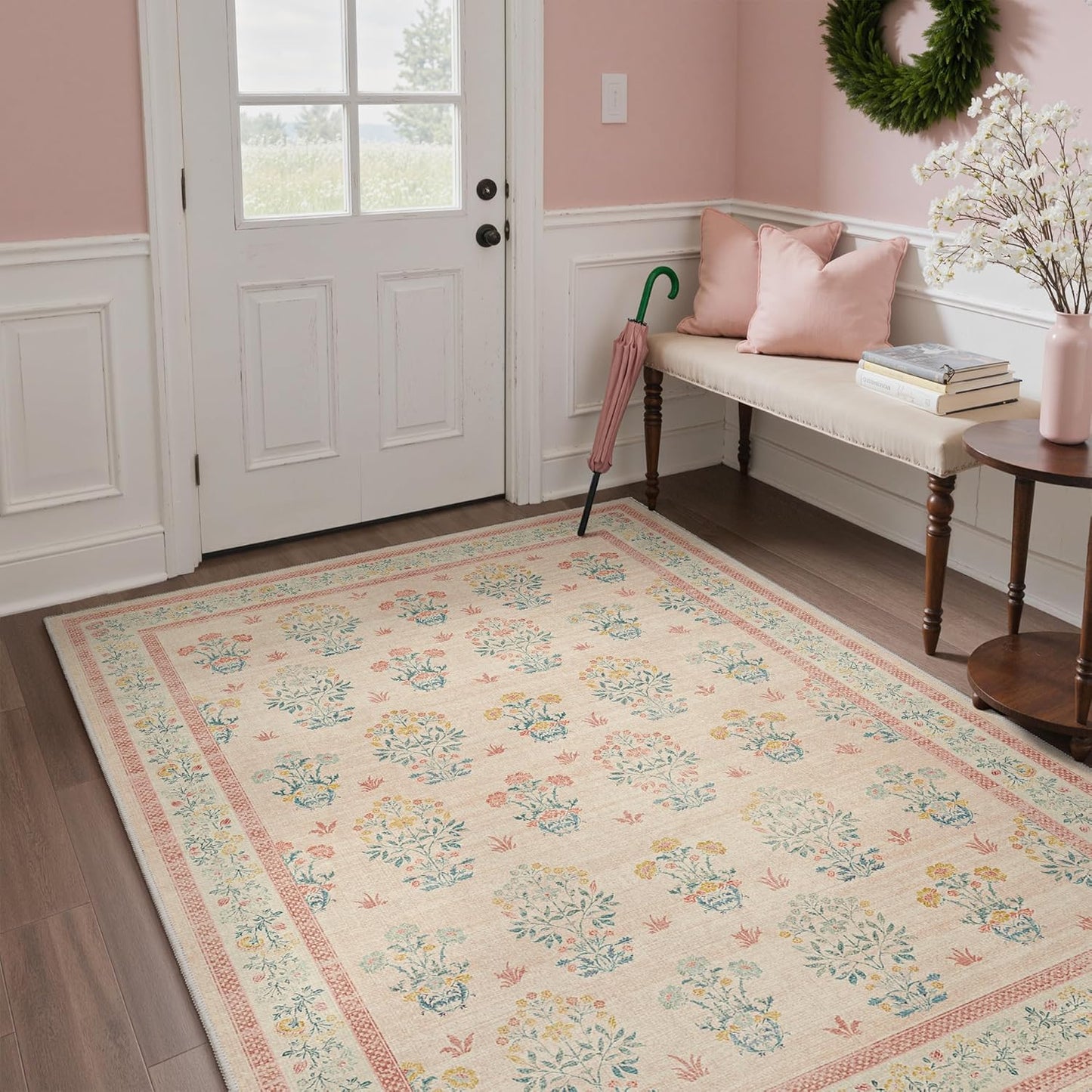 GENIMO 5x7 Vintage Floral Area Rug, Soft Microfiber Washable Rug with Non-Slip Backing, Pink Carpet for Living Room, Bedroom and Dining Room