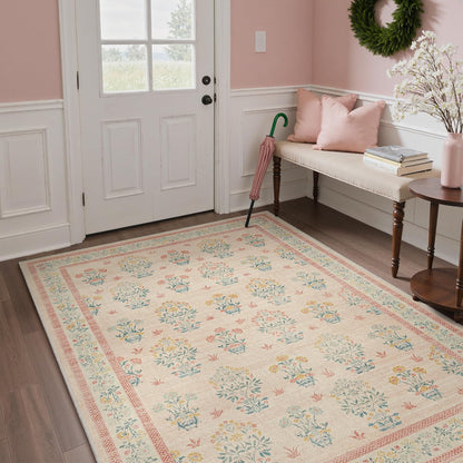 GENIMO 5x7 Vintage Floral Area Rug, Soft Microfiber Washable Rug with Non-Slip Backing, Pink Carpet for Living Room, Bedroom and Dining Room