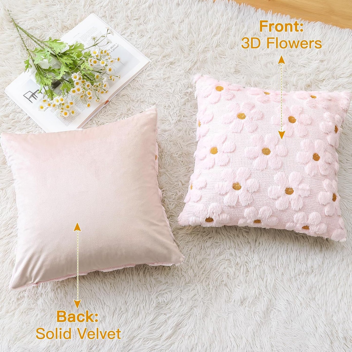 OTOSTAR Flowers Throw Pillow Cover Set of 1 Spring Summer Cushion Cover for Sofa 18x18 Inch Square Soft Plush Short Wool Velvet Pillowcase Seasonal Holiday Decor Pink