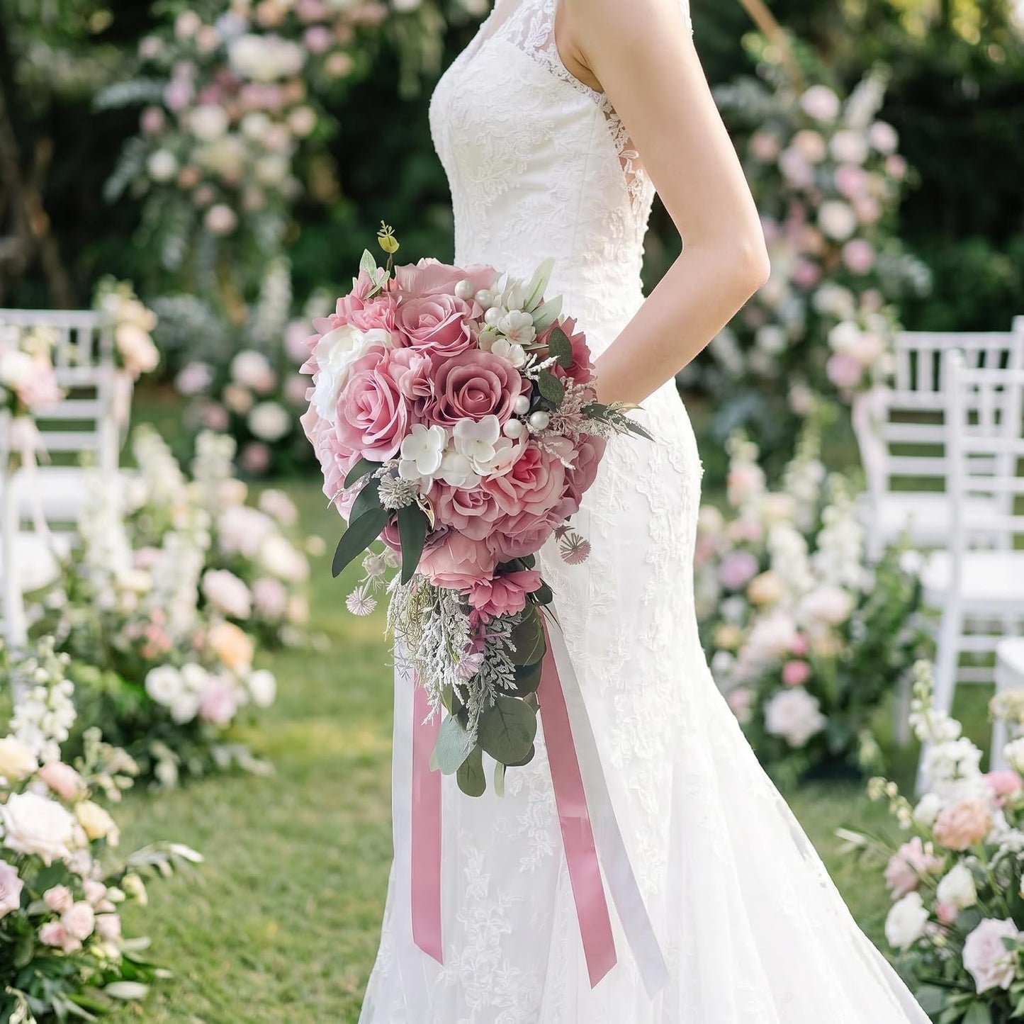 Dusty Pink Artificial Cascading Bridal Bouquet, Wedding Bouquets for Bride | Silk Cascading Bouquet for Boho Rustic Weddings, Photo Props & Wedding Decorations