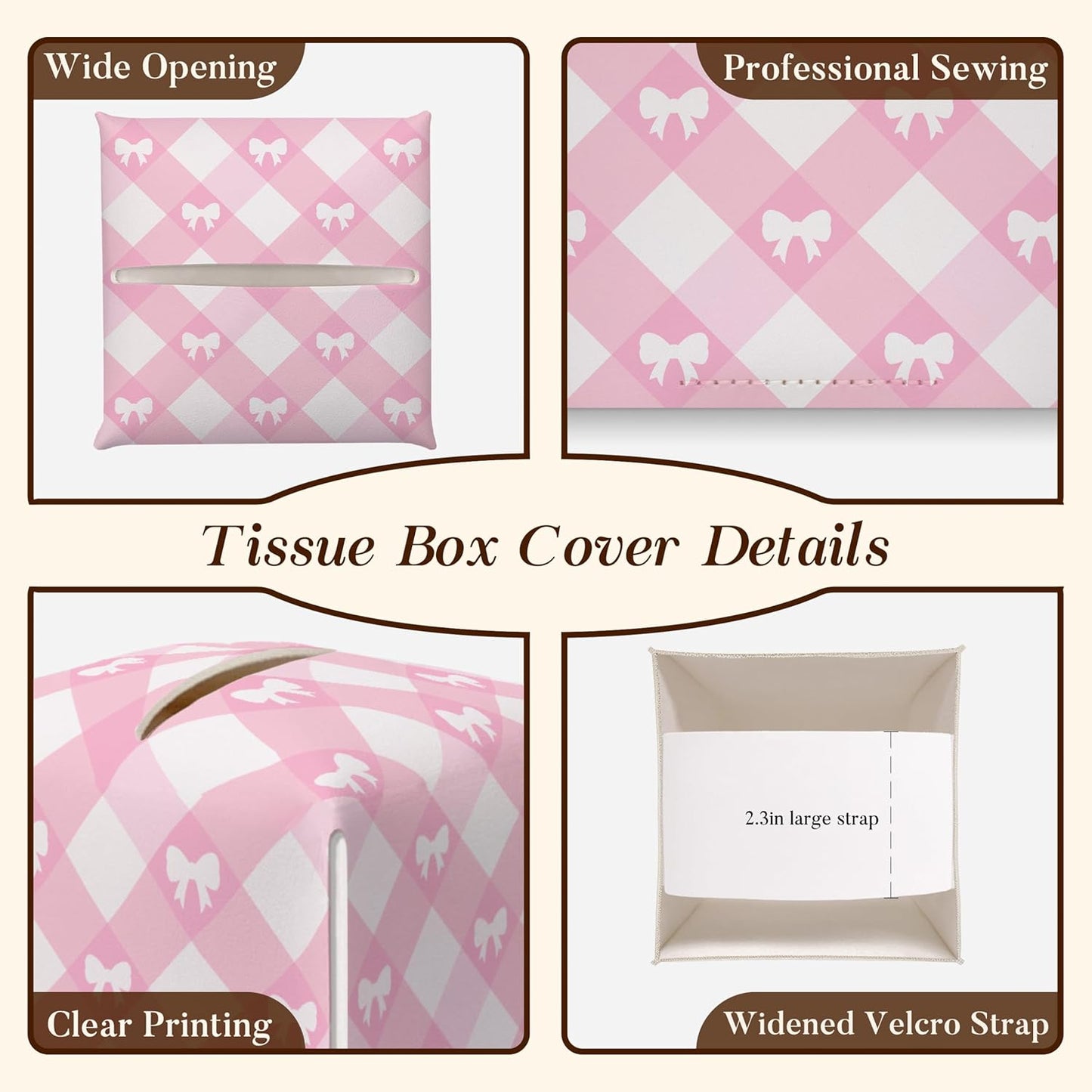 Pink Gingham Bow Tissue Box Cover, Square Tissue Box Cover Leather Tissues Holder, Facial Paper Organizer Dispenser for Home Bathroom Office Bedroom Tabletop Decor -20