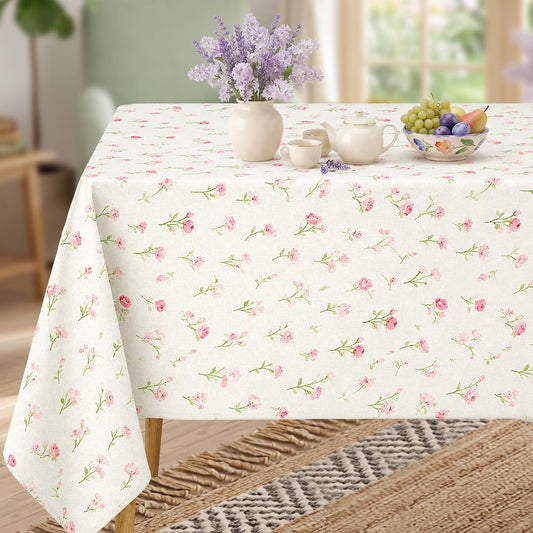 Gilprop Pink Floral Tablecloth Tea Party Decoration 60×84 Inch Vintage Rectangle Tablecloth Linen Waterproof Summer Flower Table Decor for Back to School Bridal Shower Wedding Party Supplies