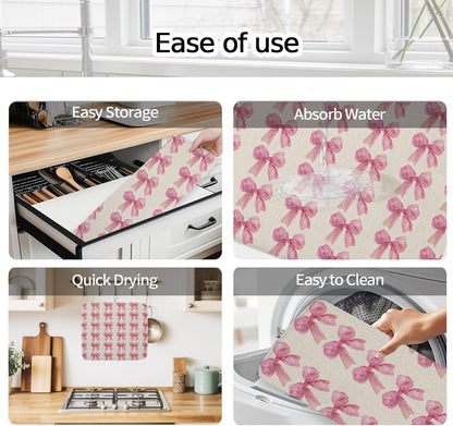 Dish Drying Mat Pink Bow Kitchen Counter Drying Pad for Dishes Glasses Cups and Cookware Linen Background Absorbent Dish Drying Mat Machine Washable Kitchen Accessories 16" x 18"
