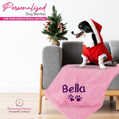 Personalized Passion Dog Blanket with Embroidered Name and Paws - Soft, Comfortable and Cozy for Couch, Bed, Car - Water Resistant Pet Fleece Blanket for Dogs and Cats - Pink - 28x40 Inches
