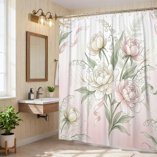 Peony Shower Curtain, Floral Romantic Lilies of the Valley Ribbon Spring Peach Waterproof Fabric Design Print Bath Curtains for Home Bathroom Toile Hotel Decor 72x78 Inch