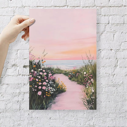 Trendy Pastel Pink Coastal Wildflower Path Canvas Poster Print Modern Dreamy Aesthetic Sunset Ocean View Picture Wall Art Nature Beach Decor for Bedroom Living Room Office 12x16inch Unframed