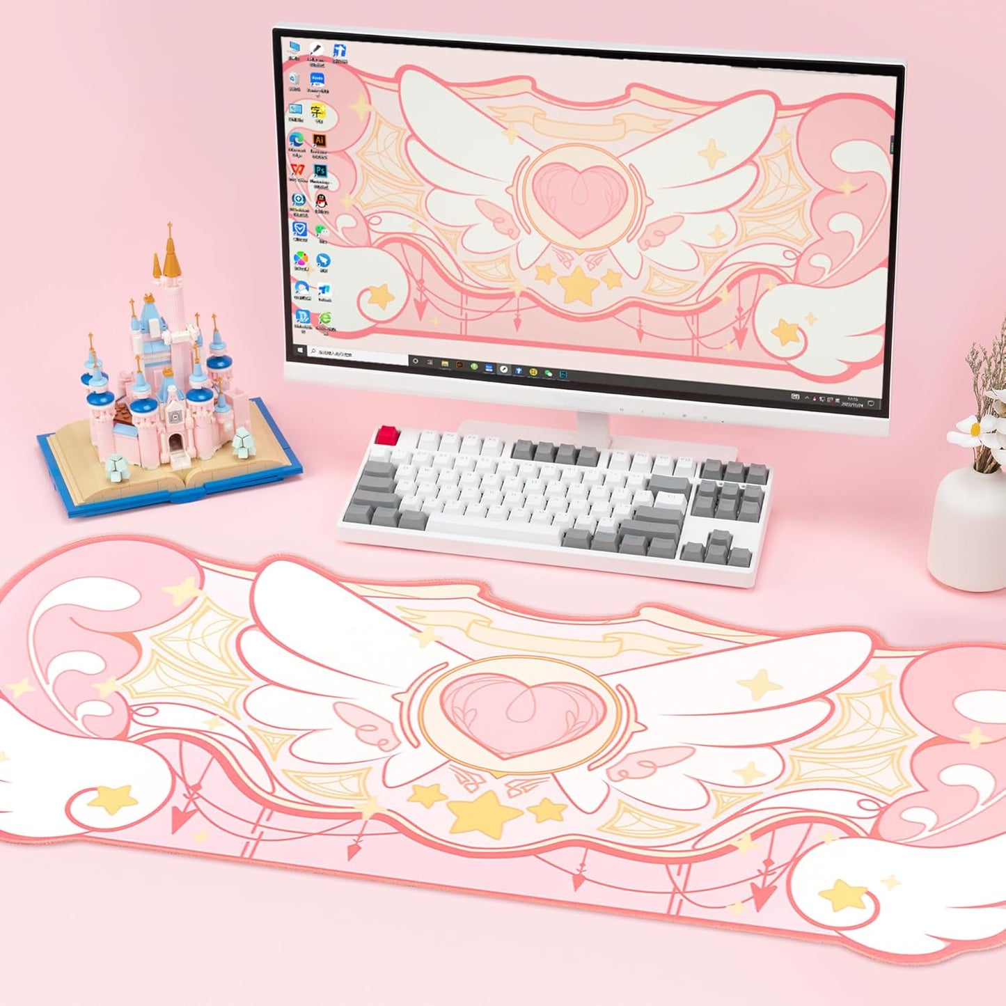 GeekShare Large Gaming Mouse Pad Kawaii Pink Non-Slip Rubber Back Mouse Pad Big Waterproof Desk Mat for Keyboard and Mouse Perfect for Gaming,or Home Office Work - Star Wings（Super Dense Cloth）