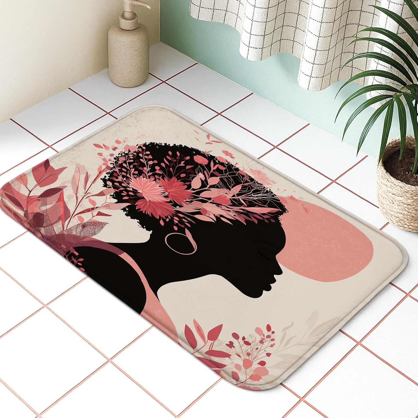 Floral Silhouette Quick Dry Bath Mat, Elegant Peach Flowers Artistic Non Slip Shower Mat, Spring Decorative Flannel Washable Bath Rugs for Bathroom Toilet Restroom 20x32 Inch