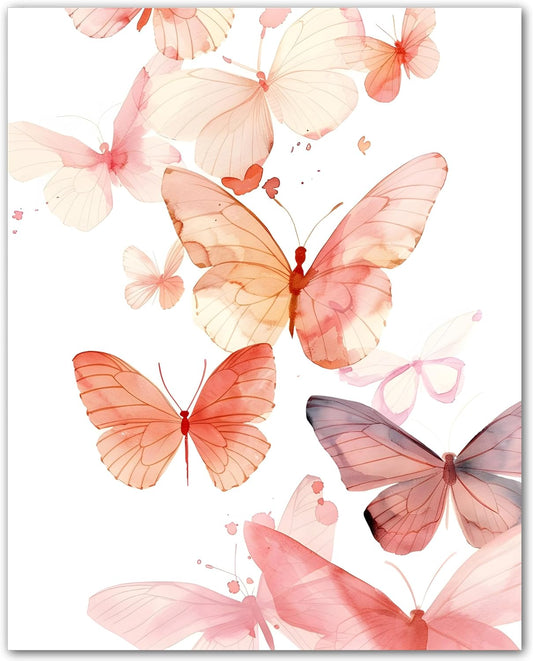 ZUKIY Peach Butterfly Drift - 8x10 Unframed Butterfly Wall Art Print - Watercolor Butterfly Flower Art for Bedroom Office Living Room Hallway or Gallery Wall - Whimsical Nature Decor Poster