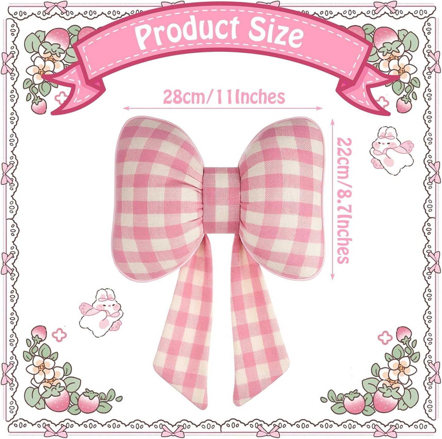 Kathfly Pink Bow Pillow Soft Bow Shaped Checkered Throw Pillows Decorative Cute Canvas Cushion Aesthetic Home Decor for Room Bed Couch Sofa (11 x 8.7 Inches)