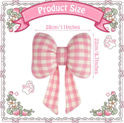 Kathfly Pink Bow Pillow Soft Bow Shaped Checkered Throw Pillows Decorative Cute Canvas Cushion Aesthetic Home Decor for Room Bed Couch Sofa (11 x 8.7 Inches)