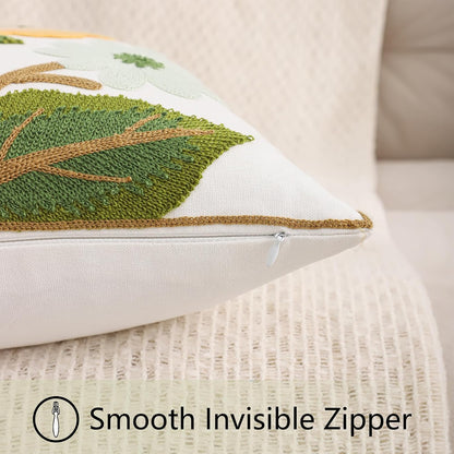 Floral Throw Pillow Covers 18x18 Pack of 2 Pink and Yellow Flower Embroidered Pillow Cover with Green Leaves Farmhouse Pillow Cushion Case Decorative Farm Pillowcases for Summer Fall Autumn