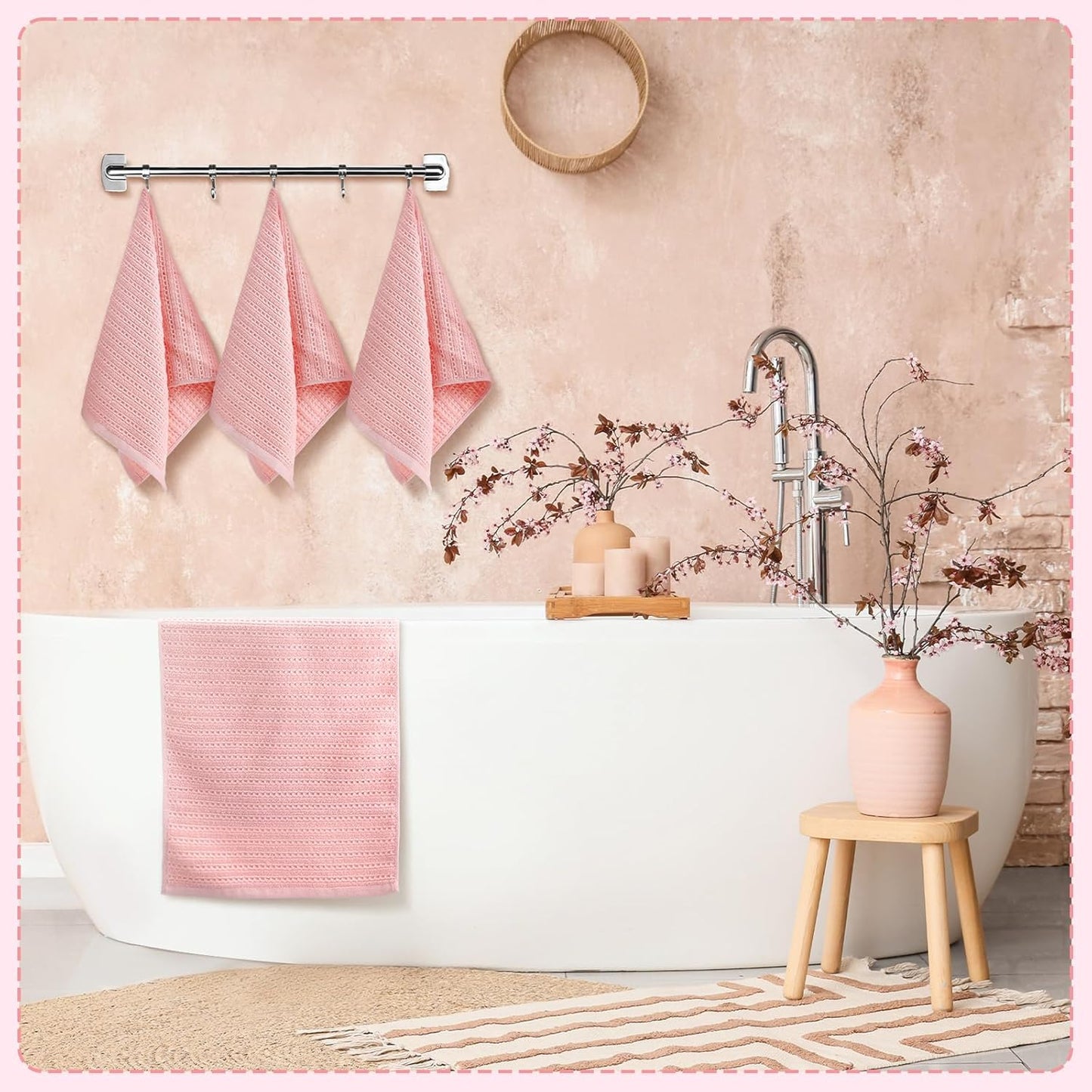 Mindsoft 4 Pack Pink Hand Towels Waffle Striped Pattern 100% Cotton Soft Hand Towels for Bathroom 13 x 29 Inch Absorbent Waffle Washcloths for Bathroom Kitchen
