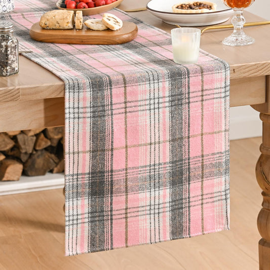 Artoid Mode Pink Grey Farmhouse Plaid Spring Table Runner, Winter Rustic Holiday Check Kitchen Dining Table Decoration for Home Party Decor 13x72 Inch