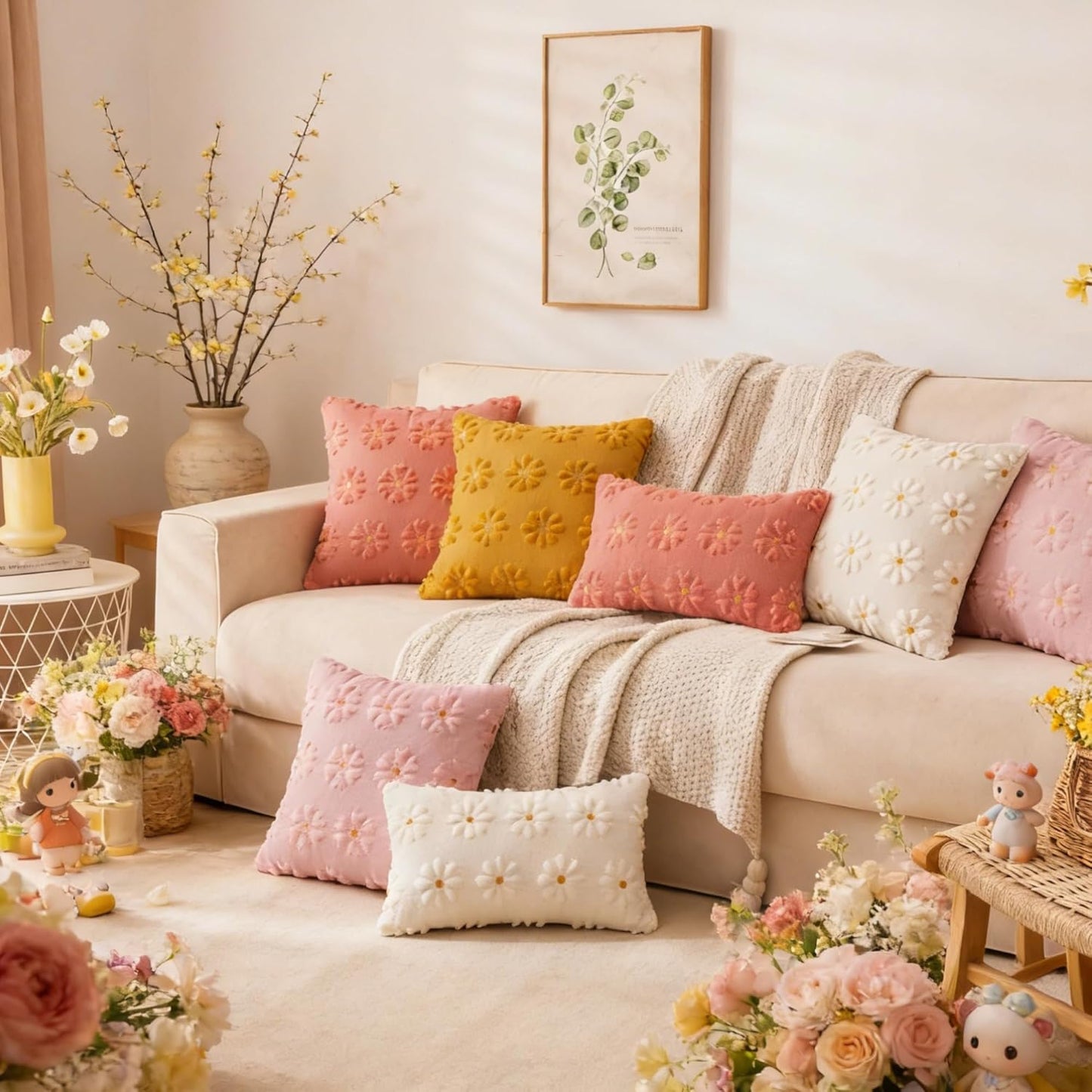 AQOTHES Spring Summer Pink Throw Pillow Covers 18x18 inch Set of 2 Flower Floral Faux Fur Cute Throw Pillows for Sofa Couch Living Room Decor
