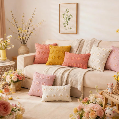 AQOTHES Spring Summer Pink Throw Pillow Covers 18x18 inch Set of 2 Flower Floral Faux Fur Cute Throw Pillows for Sofa Couch Living Room Decor