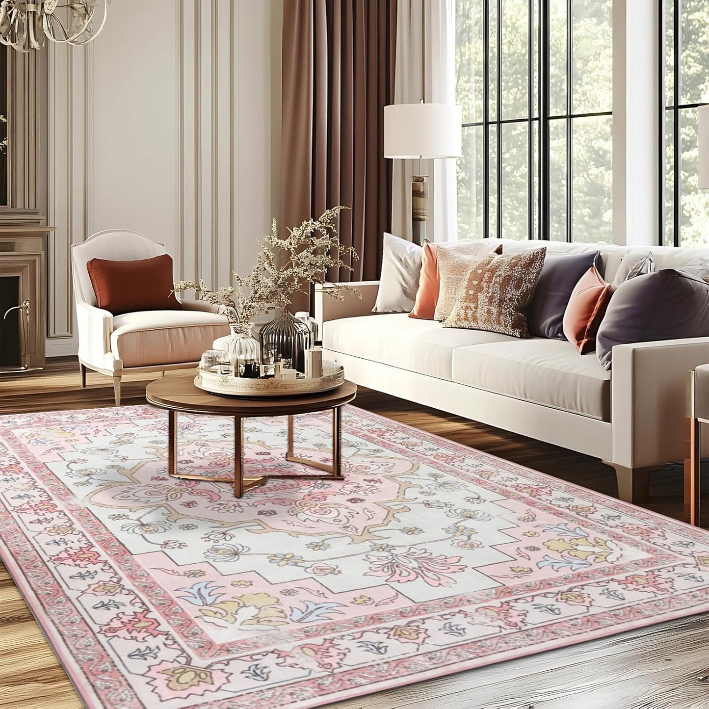 MOSISO 5x7 Area Rug for Living Room, Washable Area Rug, Non-Slip Vintage National Area Rugs, Low Pile Carpet, Faux Wool Rectangular Area Rugs Carpet for Living Room Bedroom Dining Room, Home, Pink