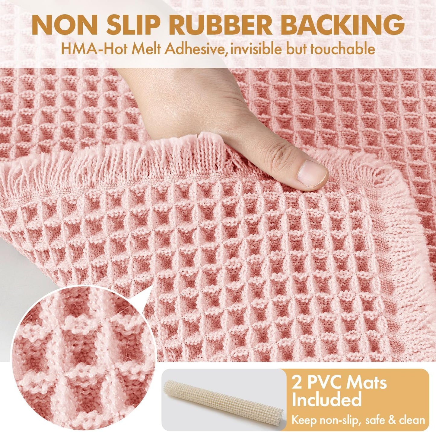 MIULEE Set of 2 Waffle Bathroom Rugs, Boho Bath Rugs Non Slip Washable, Super Absorbent Bath Mats, Ultra Soft Rubber Backed Shower Mats for Bathroom Floor, Tub and Shower, Pink, 18x30 Inch