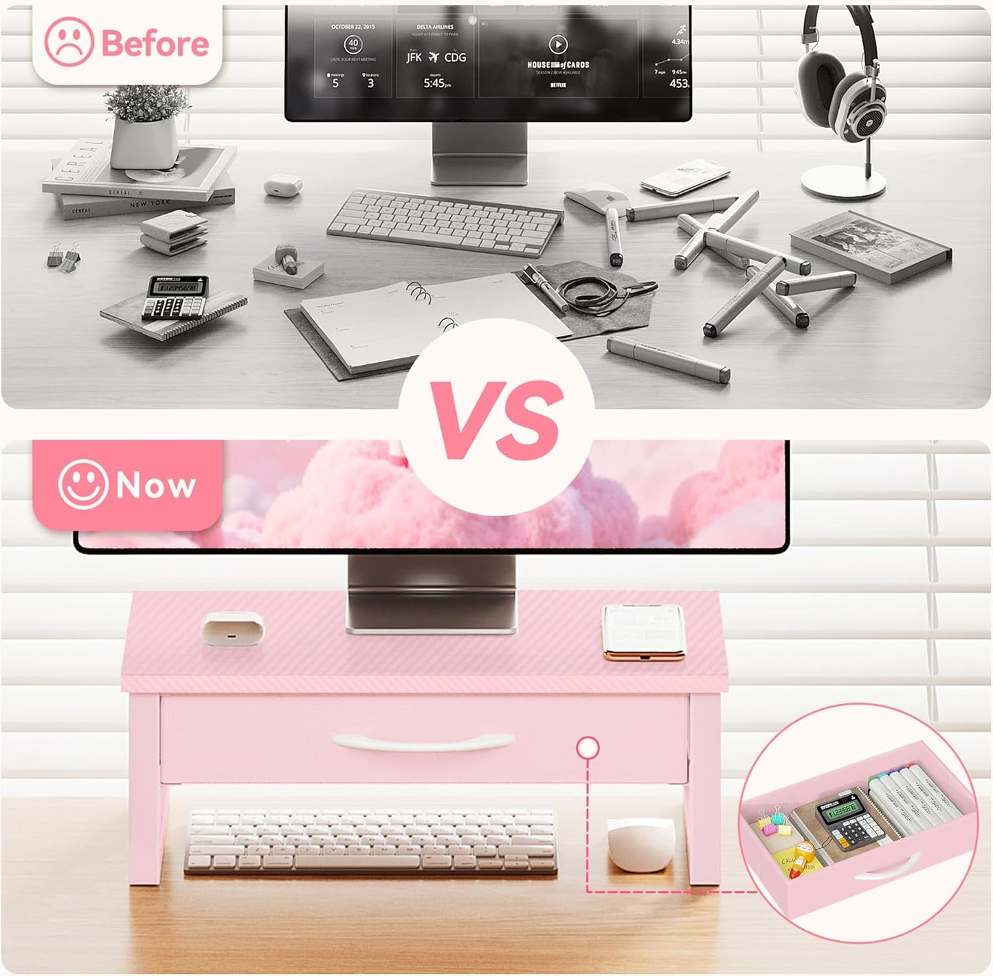 Desk Organizers and Accessories, Computer Monitor Stand Riser with Fabric Drawer, 2-Tier Laptop Stand for Desk, Office Organization Accessories, Pink
