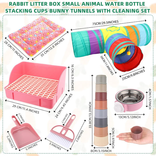34 Pcs Rabbit Starter Kit Rabbit Litter Box Small Animal Water Bottle Cups Bunny Tunnels Animal Grooming Kit Bowl Blanket with Cleaning Set for Guinea Pig Bunny(Style 1,Light Pink)