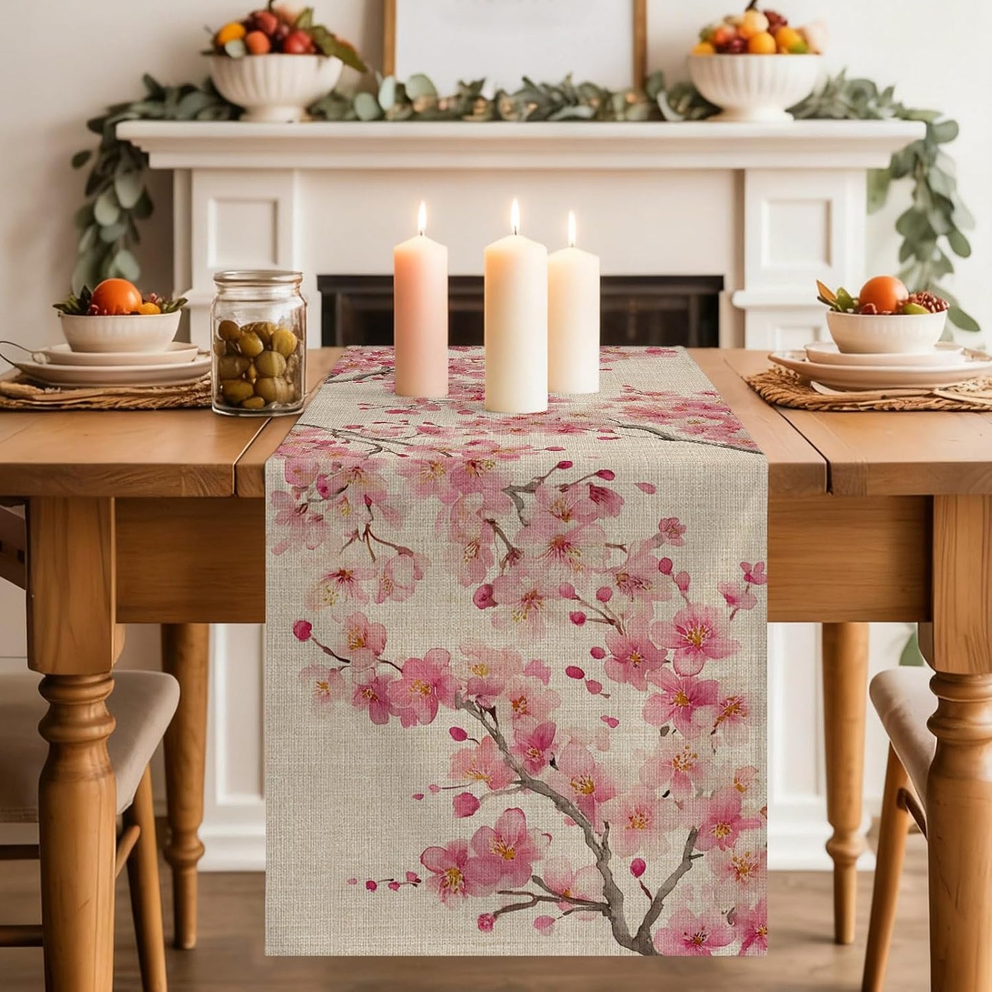Table Runner 60 Inches Long, Peaches Branches Decorative Table Runner for Party Wedding Home Decor, Farmhouse Spring Botanical Pink Flowers Dresser Scarves for Bedroom Kitchen Tables Decor 13x60 Inch