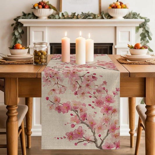 Table Runner 60 Inches Long, Peaches Branches Decorative Table Runner for Party Wedding Home Decor, Farmhouse Spring Botanical Pink Flowers Dresser Scarves for Bedroom Kitchen Tables Decor 13x60 Inch