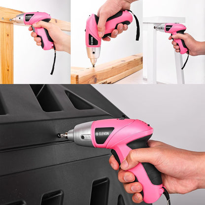 ELEVON 27pc Electric Screwdriver Pink Tool Set, Cordless Power Screwdriver with Drill Set, Hand Drill Screw Gun with Drill Kit, LED Light, Rechargeable Lightweight Portable Pink Drill