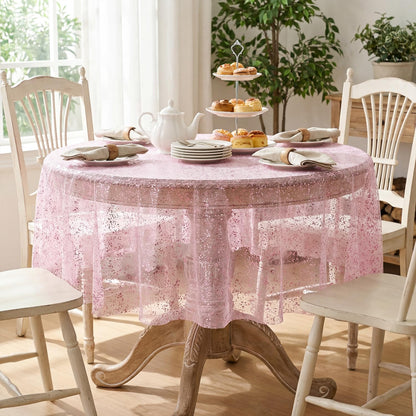 Horaldaily Pink Gold Gauze Tablecloth 60x60 Inch Round, Pink Sequin Glitter Metallic Foil, Sheer Tulle Cheesecloth for Wedding Baby Shower Ceremony Birthday