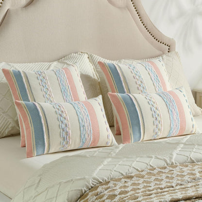 FUTEI Pack of 2 Boho Chenille Decorative Throw Pillow Covers 18x18 Inch Soft Tufted Striped Textured Cushion Case,Farmhouse Accent for Couch Bed Living Room, Pink Blue