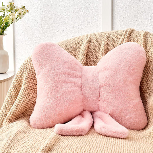 Pink Bow Pillow,12'' Bow Shaped Pillow with Faux Rabbit Fur,Soft Bow Throw Pillows Aesthetic Bow Decorative Pillows for Bed Sofa Couch Home Decor