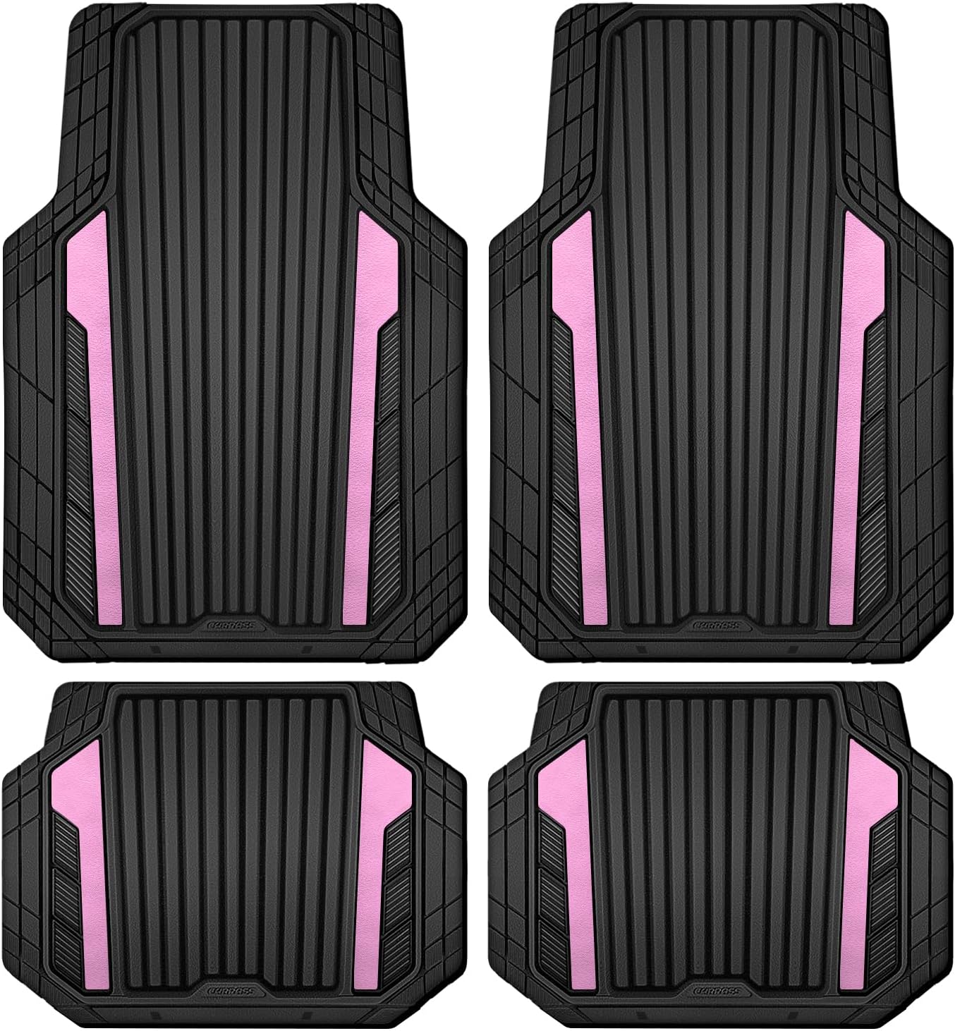 CAR PASS Heavy Duty Rubber Car Mats Metallic, Aluminum Film Cute All Weather Floor Mats Waterproof Universal Trim to Fit for SUV Sedan Van 4 Piece Deep Dish Two-Tone Sporty Black Light Pink Chrome