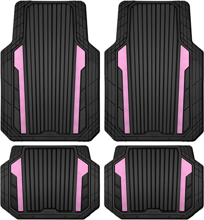 CAR PASS Heavy Duty Rubber Car Mats Metallic, Aluminum Film Cute All Weather Floor Mats Waterproof Universal Trim to Fit for SUV Sedan Van 4 Piece Deep Dish Two-Tone Sporty Black Light Pink Chrome