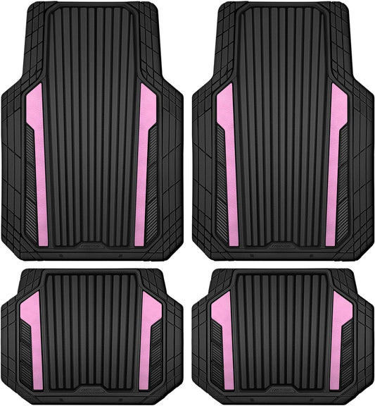CAR PASS Heavy Duty Rubber Car Mats Metallic, Aluminum Film Cute All Weather Floor Mats Waterproof Universal Trim to Fit for SUV Sedan Van 4 Piece Deep Dish Two-Tone Sporty Black Light Pink Chrome