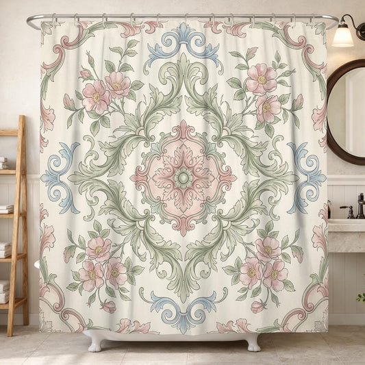 Flower Shower Curtain, Vintage Elegant Leaf Scroll Spring Pastel Peach Polyester Waterproof Toile Cloth Shower Curtains for Bathroom Bathtub Apartment Decor 72x72 Inch