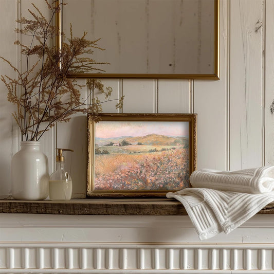 uniro Vintage Wall Art Prints Wildflower Farmhouse Wall Decor, Vintage Landscape Canvas Oil Painting Peach Pink Flowers Mounatin Artwork for Bedroom Nursery Decor (8" x 10"-UNFRAMED)