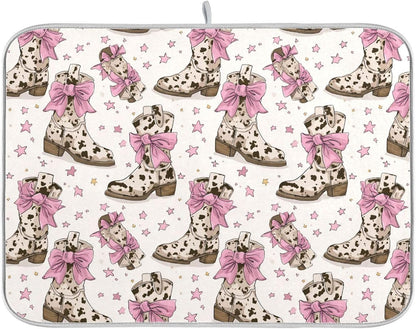 Dish Drying Mat for Kitchen Counter Brown Cow Print Boots Bows Light Pink Absorbent Drying Dish Mat 18×24 inch Dish Rack Pad Coffee Mat for Sink Dishes Under Rack