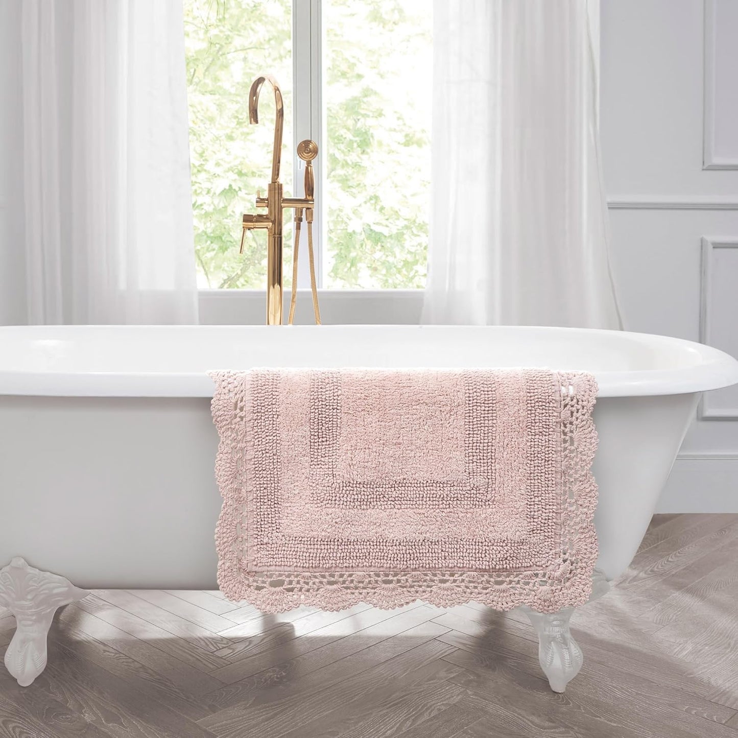 Laura Ashley Absorbent Bath Mat Reversible Crochet Soft and Plush Bathroom Mat 100% Cotton 24x40 Bath Rug, Blush Pink
