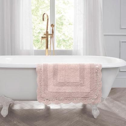 Laura Ashley Absorbent Bath Mat Reversible Crochet Soft and Plush Bathroom Mat 100% Cotton 24x40 Bath Rug, Blush Pink