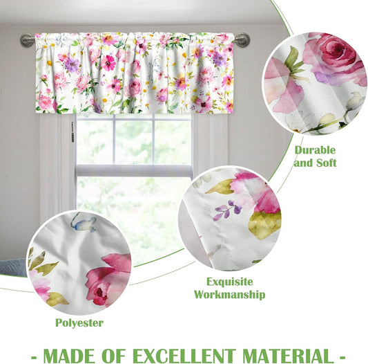 Miaoquhe Pink Floral Kitchen Curtain Valance 54"x18" Watercolor Rose Daisy Valances for Windows Farmhouse Spring Summer Flower Short Small Window Treatment Rod Pocket Valance for Living Room Decor
