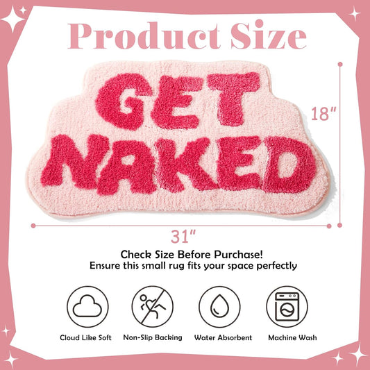 Irregular Shaped Get Naked Bath Mat Pink - Fun Bath mat, Small Preppy Bathroom Decor, Funny Aesthetic Bathroom Rugs for Apartmen Decor, Non-Slip Hot Pink Bath Rugs for Girls 31" x 18"