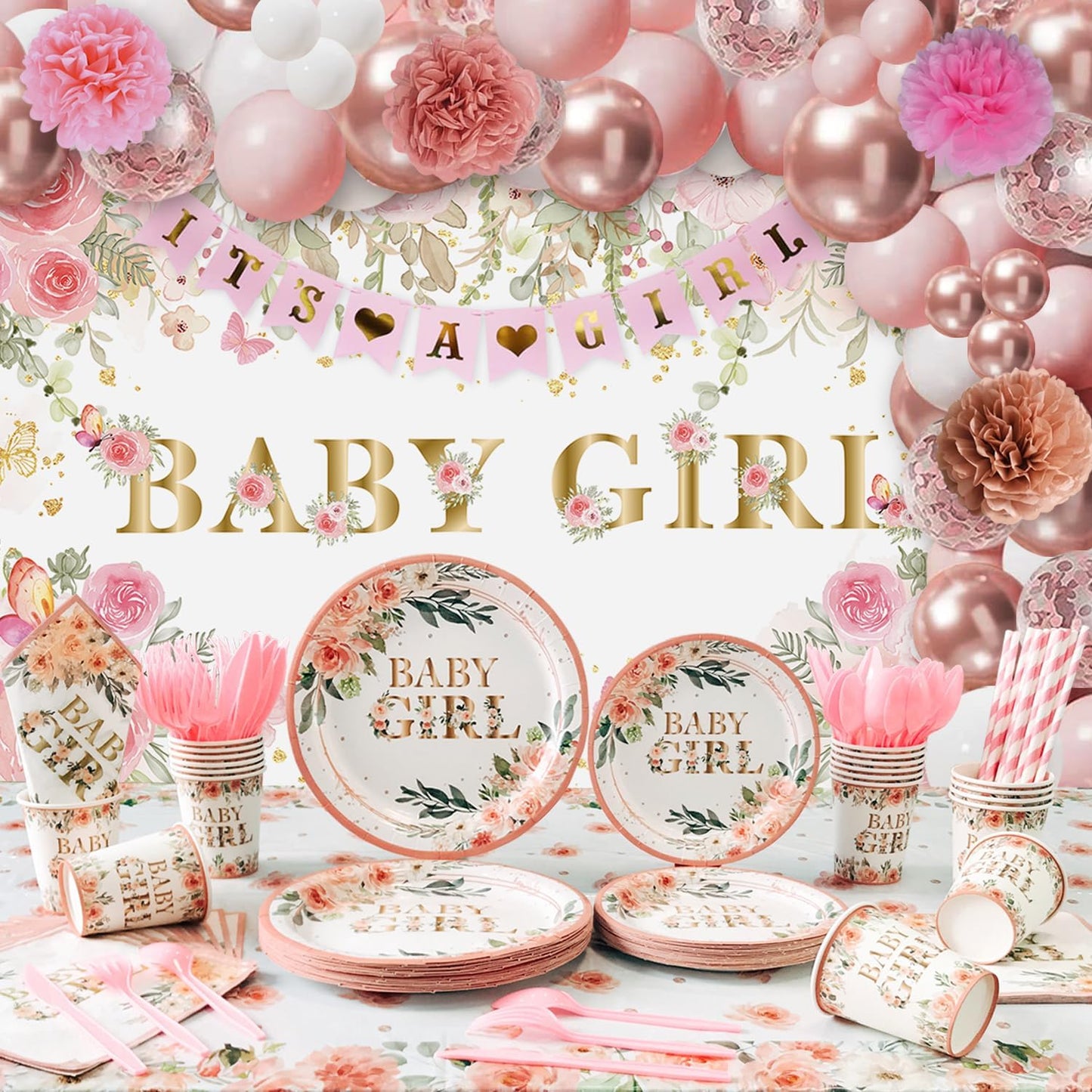 Baby Shower Decorations for Girl,225 PCS YHFNDIYS Pink Floral Girl Baby Shower Decorations Party Supplies (20 Guest) with Paper Plates Cups Napkins Straws Banner Tablecloth Backdrop Balloons Arch Kit
