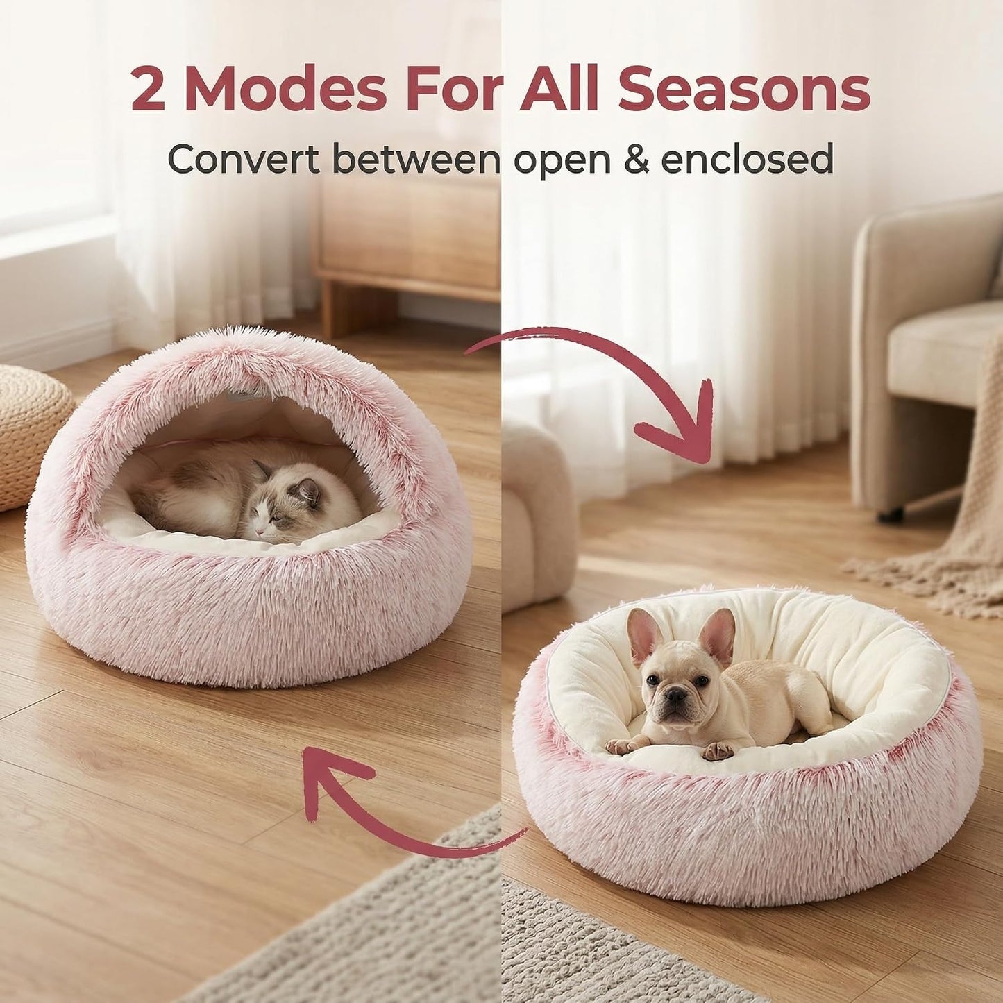 Cozy Zipper Convertible Cat Bed Cave, 2 in 1 Round Plush Donut Dog Bed with Removable Hood, Warm Fuzzy Enclosed Pet Nest Bed for Small Dogs Kittens, Machine Washable (Pink, 19.7 in Small Size)