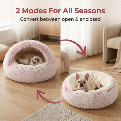 Cozy Zipper Convertible Cat Bed Cave, 2 in 1 Round Plush Donut Dog Bed with Removable Hood, Warm Fuzzy Enclosed Pet Nest Bed for Small Dogs Kittens, Machine Washable (Pink, 19.7 in Small Size)