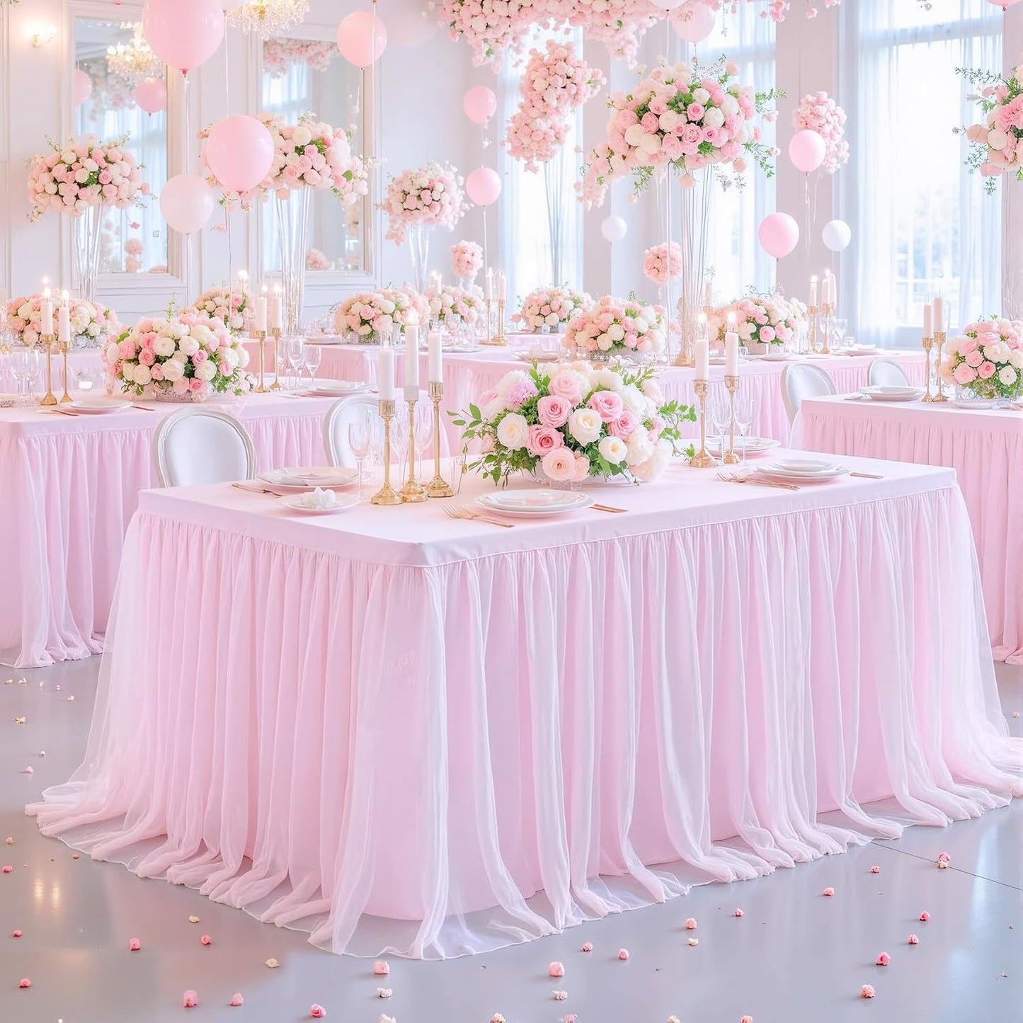 2 Pack Pink Table Cloth for 6 Foot Rectangle Tables, Pink Stretch Fitted Tulle Table Covers Skirt, Rectangular Ruffle Tutu Tablecloth Wedding Banquet Baby Shower Cake Tablecloths Decorations
