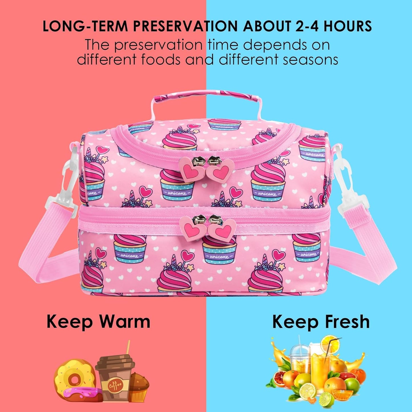 Insulated Kids Dual Compartment Lunch Bags Tote for Girls Boys Toddler Lunch Boxes Pre-School Toddler Kindergarten Picnic Camp Food Cooler Thermal with Strap (Pink Unicake)