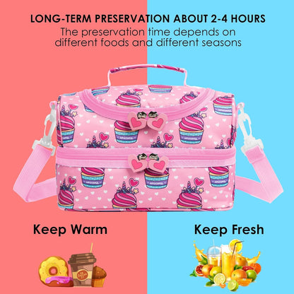 Insulated Kids Dual Compartment Lunch Bags Tote for Girls Boys Toddler Lunch Boxes Pre-School Toddler Kindergarten Picnic Camp Food Cooler Thermal with Strap (Pink Unicake)