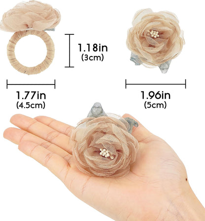 Handcraft Flower Napkin Rings Set of 6– Blush Beige Camellia Tulle Napkin Holders for Dining Table Decor, Weddings, Parties, Birthday & Thanksgiving